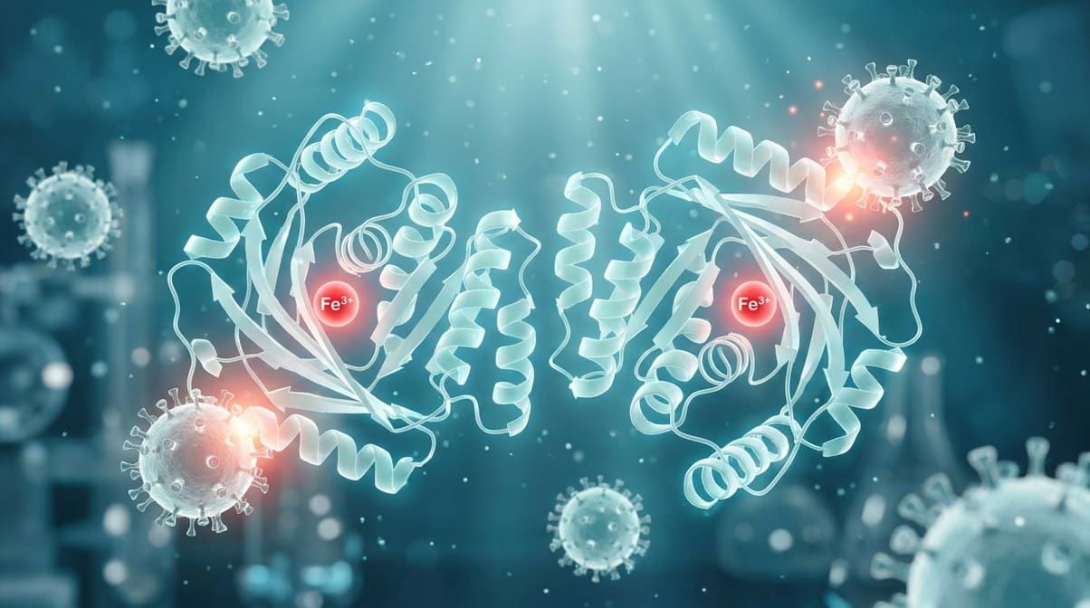 Struttura molecolare della lattoferrina con ioni Fe3+ e particelle virali