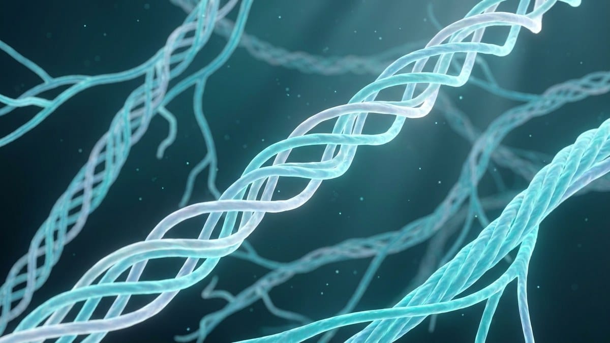 Illustrazione scientifica 3D della struttura a tripla elica del collagene e delle fibrille