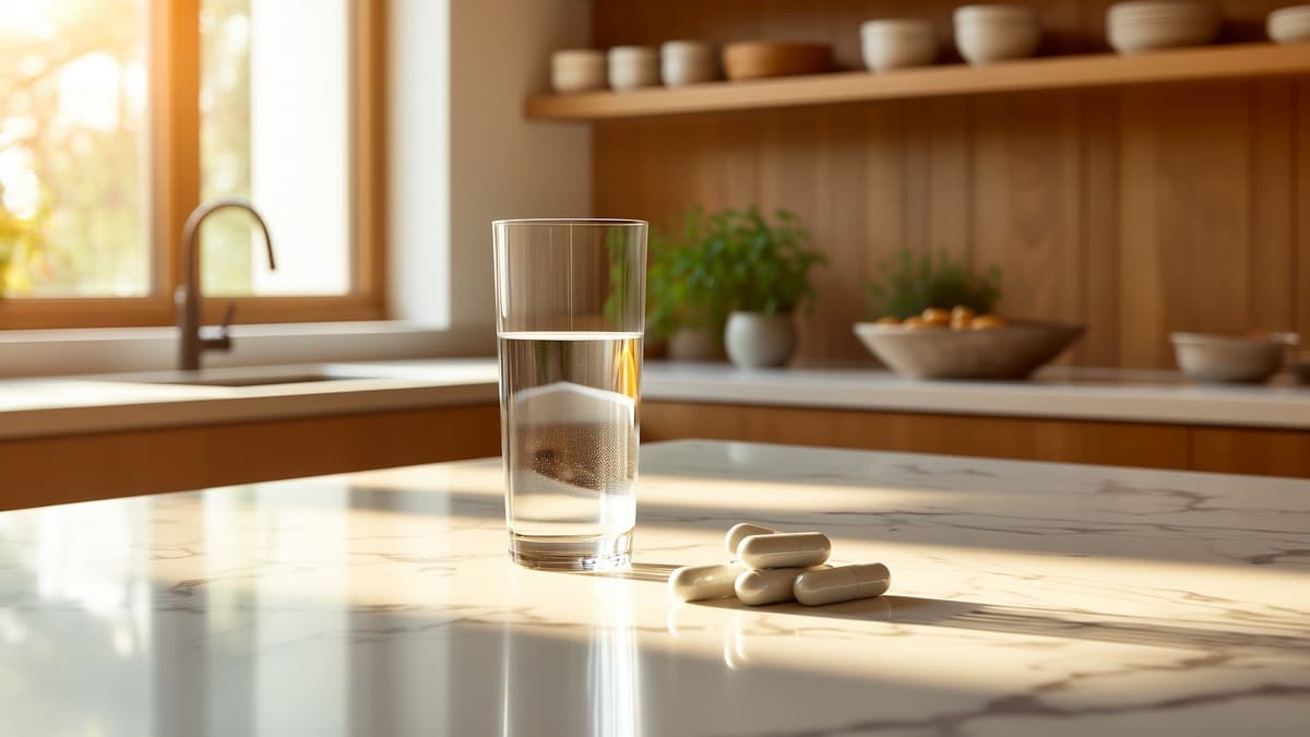 Capsule di magnesio e un bicchiere d'acqua su un piano in marmo in una cucina luminosa