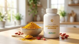 Polvere di berberina in ciotola accanto al barattolo LIPOCARDIOL di NMI