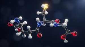 Struttura molecolare 3D del glutatione con il gruppo tiolico in evidenza