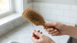 Mani di una donna con una spazzola piena di capelli: la caduta dei capelli e uno dei sintomi della carenza di ferro