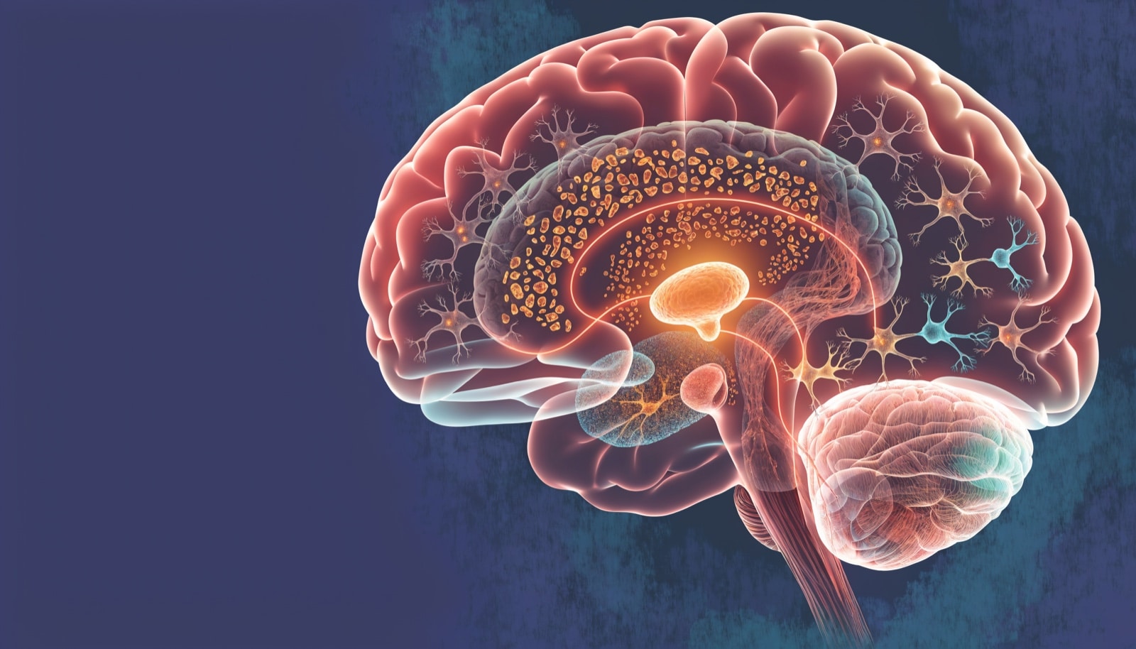 Illustrazione scientifica del cervello con la ghiandola pineale che rilascia melatonina